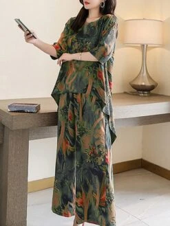 Women's Loungewear Sets Flower Fashion Casual Comfort Street Daily Date Polyester Breathable Crew Neck Short Sleeve T Shirt Tee Pant Pocket Summer Spring Light Green Red -Deals The Sexy Bra Store xtqmfn1691405403554