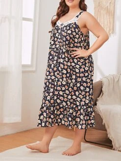 Women's Plus Size Loungewear Dress Flower Casual Comfort Soft Home Daily Bed Polyester Breathable Straps Sleeveless Dress Spring Summer Black Pink -Deals The Sexy Bra Store xtsfjr1676281707301