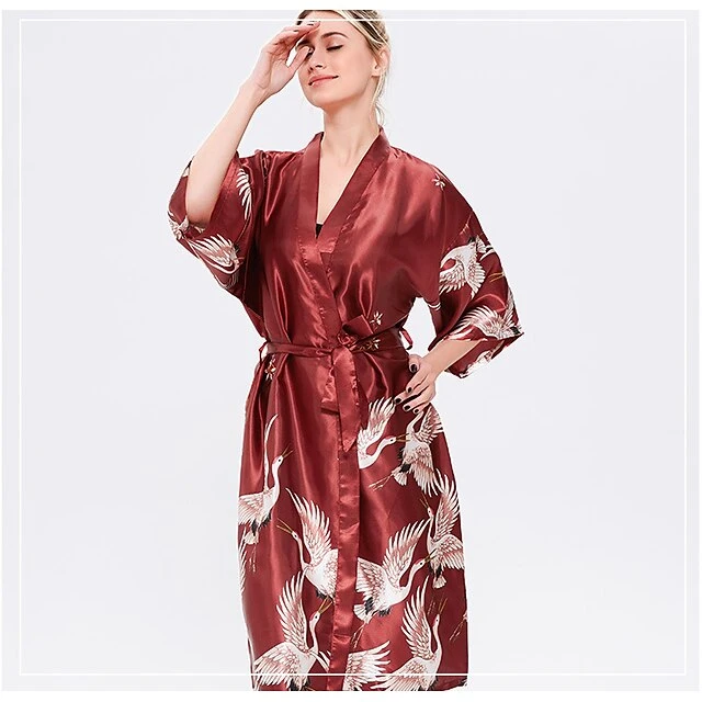 Women's Gift Robes Gown Pajamas Bathrobes Home Party Wedding Party Spa Print Crane Animal Silk Simple Soft Kimono Robes Sweet Fall Spring Summer V Wire Long Sleeve Tie Closure Belt Included 3 Women's Gift Robes Gown Pajamas Bathrobes Home Party Wedding Party Spa Print Crane Animal Silk Simple Soft Kimono Robes Sweet Fall Spring Summer V Wire Long Sleeve Tie Closure Belt Included - Image 3