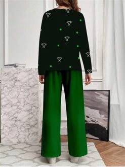 Women's Christmas Pajamas Sets Heart Warm Comfort Soft Home Christmas Daily Polyester Gift Crew Neck Long Sleeve T Shirt Tee Fall Winter Wine Green -Deals The Sexy Bra Store xuqviu1697701138028