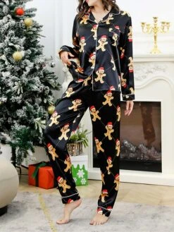 Women's Christmas Pajamas Sets Cartoon Color Combo Simple Casual Comfort Home Bed Satin Breathable Lapel Long Sleeve Shirt Pant Button Pocket Fall Winter Black -Deals The Sexy Bra Store xvxysl1696751794511