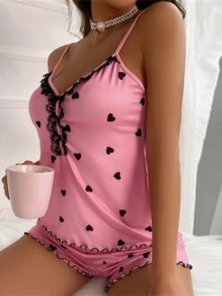 Women's Lace Cami Top And Lettuce Trim Shorts PJ Sets 2Pcs Heart Print Sleepwear Sets Fashion Casual Soft Home Daily Bed Polyester Breathable Straps Sleeveless Strap Top Shorts Summer Spring Rose Red -Deals The Sexy Bra Store xxapkl1687857780573
