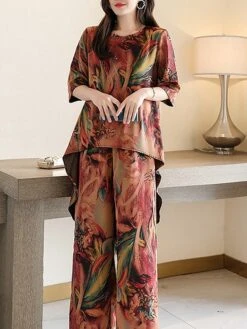 Women's Loungewear Sets Flower Fashion Casual Comfort Street Daily Date Polyester Breathable Crew Neck Short Sleeve T Shirt Tee Pant Pocket Summer Spring Light Green Red -Deals The Sexy Bra Store xxmuwk1684410515787