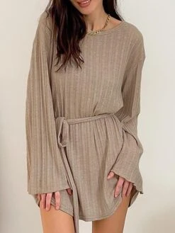 Women's Nightgown Nightshirt Knit Dress Pure Color Simple Casual Comfort Home Daily Vacation Polyester Breathable Long Sleeve Fall Winter Brown