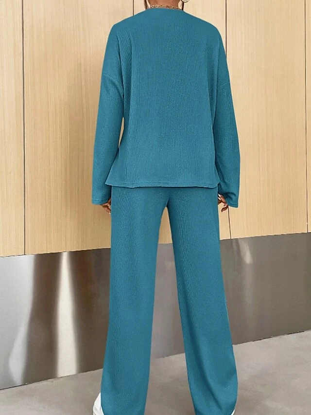 Women's Loungewear Sets Pure Color Fashion Comfort Soft Home Daily Bed Polyester Breathable Crew Neck Long Sleeve Pullover Pant Button Fall Winter Blue-Green White 2 Women's Loungewear Sets Pure Color Fashion Comfort Soft Home Daily Bed Polyester Breathable Crew Neck Long Sleeve Pullover Pant Button Fall Winter Blue-Green White - Image 2