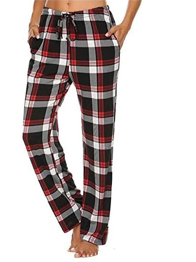 Women's Christmas Lounge Pants Grid / Plaid Simple Casual Comfort Home Daily Polyester Breathable Gift Pant Pocket Elastic Waist Fall Winter Black White 2 Women's Christmas Lounge Pants Grid / Plaid Simple Casual Comfort Home Daily Polyester Breathable Gift Pant Pocket Elastic Waist Fall Winter Black White - Image 2