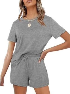 Women's Loungewear Sets Nighty 2 Pieces Pure Color Simple Comfort Home Street Cotton Crew Neck Short Sleeve T Shirt Tee Shorts Spring Summer Green Blue -Deals The Sexy Bra Store yajmmy1655894539979