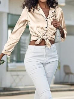 Women's Satin Silk Lounge Sets Satin Pajama Sets Pure Color Fashion Casual Comfort Home Daily Bed Satin Breathable Lapel Long Sleeve Shirt Pant Button Pocket Summer Fall Black White -Deals The Sexy Bra Store yavnhl1689596458224