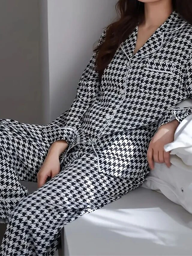 Women's Loungewear Sets Grid / Plaid Fashion Comfort Soft Home Daily Bed Ice Silk Breathable Lapel Long Sleeve Shirt Pant Button Pocket Fall Winter Black Pink 2 Women's Loungewear Sets Grid / Plaid Fashion Comfort Soft Home Daily Bed Ice Silk Breathable Lapel Long Sleeve Shirt Pant Button Pocket Fall Winter Black Pink - Image 2