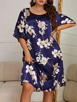 Women's Plus Size Nightgown Dress Flower Casual Comfort Soft Home Daily Bed Polyester Breathable Crew Neck Half Sleeve Dress Summer Spring Black Red