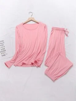 Women's Pajamas Sets Pure Color Casual Comfort Soft Home Daily Vacation Modal Crew Neck Long Sleeve T Shirt Tee Pocket Fall Winter Light Pink Matcha Green -Deals The Sexy Bra Store ycbgiu1693467427068