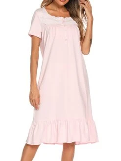Women's Pajamas Nightgown Dress Pure Color Basic Simple Casual Home Daily Bed Cotton Breathable Square Neck Short Sleeve Dress Button Spring Summer White Pink