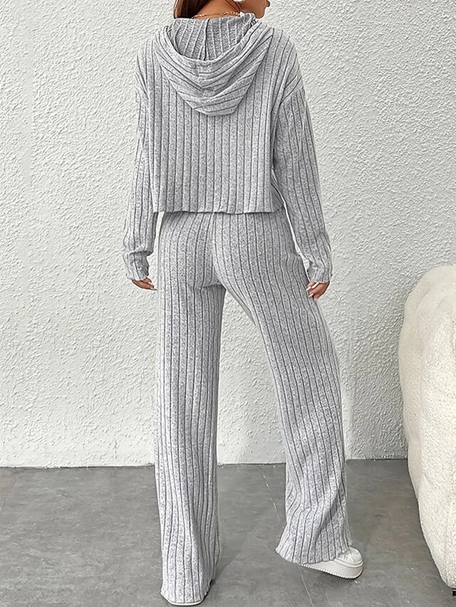 Women's Lounge Sets Ribbed Knit Hoodie And Pants Casual Comfort Home Daily Date Polyester Breathable Pullover Long Sleeve Hoodie Fall Winter Grey 2 Women's Lounge Sets Ribbed Knit Hoodie And Pants Casual Comfort Home Daily Date Polyester Breathable Pullover Long Sleeve Hoodie Fall Winter Grey - Image 2