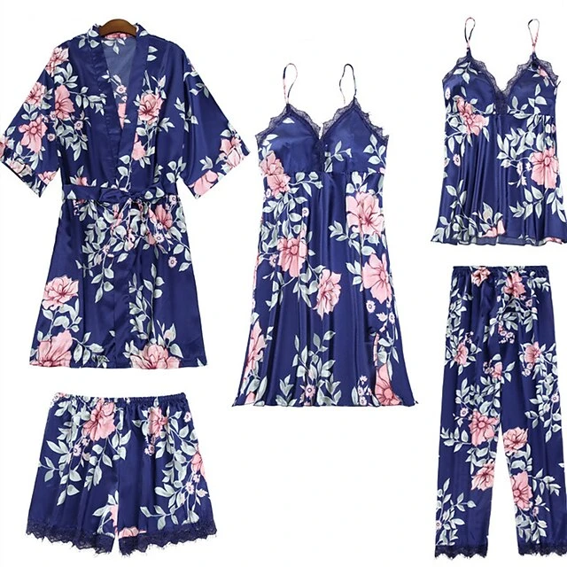 Women's Lace Silk Satin Pajama Sets 5Pcs Cami Top Nightgown Lace Night Robe Sexy Sleepwear Robe Sets Nightdress With Chest Pads 9 Women's Lace Silk Satin Pajama Sets 5Pcs Cami Top Nightgown Lace Night Robe Sexy Sleepwear Robe Sets Nightdress With Chest Pads - Image 9