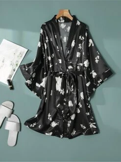 Women's Pajamas Bathrobe Robes Gown Flower Fashion Casual Comfort Home Daily Bed Satin Breathable V Wire Long Sleeve Summer Spring Black -Deals The Sexy Bra Store yejbxy1679049379072