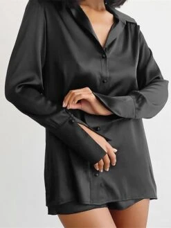 Women's Pajamas Pajama Top And Pant Sets Pure Color Simple Casual Soft Home Daily Bed Satin Breathable Lapel Long Sleeve Shirt Shorts Spring Summer Black White