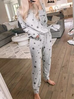 Women's Loungewear Sets Star Basic Casual Comfort Home Daily Vacation Cotton Breathable Crew Neck Long Sleeve T Shirt Tee Pant Fall Winter Gray