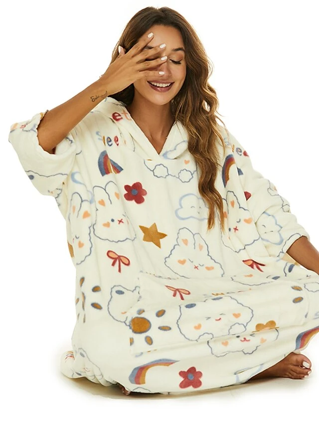 Women's Robes Gown Cartoon Comfort Home Polyester Comfort Hoodie Short Sleeve Pullover Pocket Hoodie Summer Beige 1 Women's Robes Gown Cartoon Comfort Home Polyester Comfort Hoodie Short Sleeve Pullover Pocket Hoodie Summer Beige