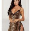 Sexy Women'S Suspender Deep V Leopard Print Nightdress Side Open Underwear