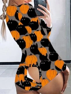 Women's Pajamas Onesie Cat Pumpkin Retro Gothic Punk & Gothic Carnival Halloween Polyester Breathable Crew Neck Long Sleeve Fall Winter Black White -Deals The Sexy Bra Store yhbbwi1692257137921