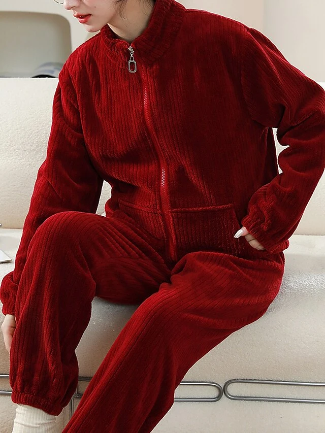 Women's Fleece Pajamas Sets Pure Color Warm Fashion Plush Home Daily Bed Flannel Warm Breathable Stand Collar Long Sleeve Cardigan Pant Fall Winter 8 Women's Fleece Pajamas Sets Pure Color Warm Fashion Plush Home Daily Bed Flannel Warm Breathable Stand Collar Long Sleeve Cardigan Pant Fall Winter - Image 8