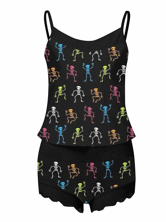 Women's Pajamas Pajama Top And Pant Sets Pumpkin Skeleton Hot Casual Soft Home Daily Bed Polyester Breathable Straps Sleeveless Strap Top Shorts Summer Spring Black White 8 Women's Pajamas Pajama Top And Pant Sets Pumpkin Skeleton Hot Casual Soft Home Daily Bed Polyester Breathable Straps Sleeveless Strap Top Shorts Summer Spring Black White - Image 8