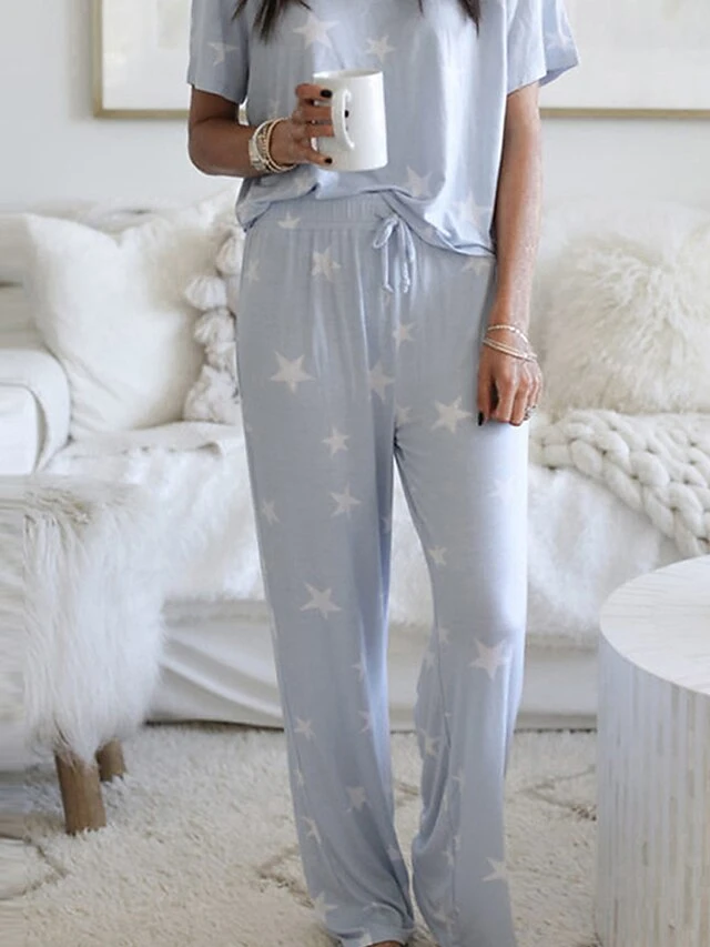 Women's Loungewear Sets Star Simple Casual Comfort Daily Vacation Going Out Polyester Breathable Crew Neck Short Sleeve Pant Elastic Waist Spring Summer Red Light Blue 4 Women's Loungewear Sets Star Simple Casual Comfort Daily Vacation Going Out Polyester Breathable Crew Neck Short Sleeve Pant Elastic Waist Spring Summer Red Light Blue - Image 4