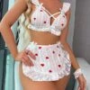 Women's Sexy Bodies Lingerie Set Costumes 4 Pieces Heart Romantic Fashion Soft Party Carnival Valentine's Day Lace Straps Sleeveless Adjustable Hole Including Panties Summer White / Sweet