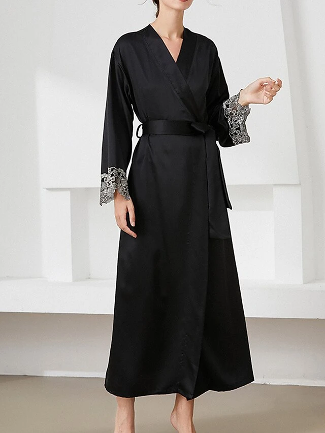 Women's Satin Silk Bathrobe Robe Embroidered Lace Decoration Long Sleeve Nightgown Pure Color Fashion Casual Comfort Home Daily Bed Summer Fall Black Pink 5 Women's Satin Silk Bathrobe Robe Embroidered Lace Decoration Long Sleeve Nightgown Pure Color Fashion Casual Comfort Home Daily Bed Summer Fall Black Pink - Image 5