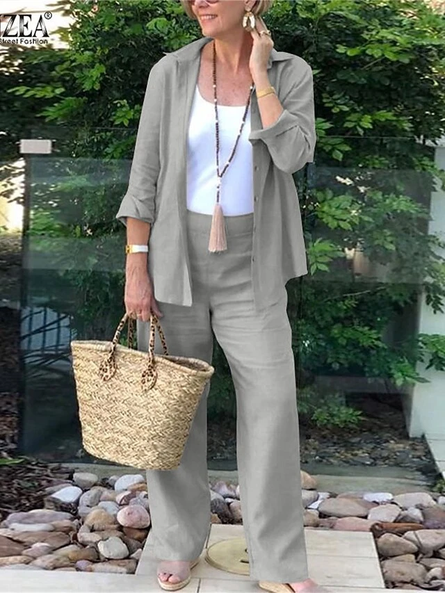 Women's Plus Size Loungewear Sets 2 Pieces Pure Color Fashion Casual Comfort Street Daily Date Cotton Breathable Lapel Long Sleeve Shirts And Wide Leg Pants Button Summer Spring Green Dark Blue 1 Women's Plus Size Loungewear Sets 2 Pieces Pure Color Fashion Casual Comfort Street Daily Date Cotton Breathable Lapel Long Sleeve Shirts And Wide Leg Pants Button Summer Spring Green Dark Blue