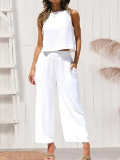 Women's Loungewear Sets Pure Color Fashion Comfort Sweet Street Vacation Going Out Linen Breathable Crew Neck Sleeveless Pant Elastic Waist Spring Summer Black White
