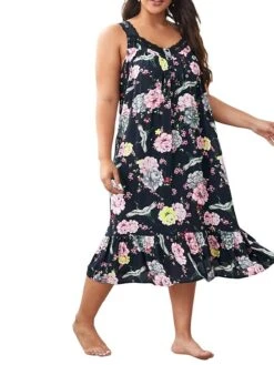 Women's Plus Size Loungewear Dress Flower Casual Comfort Soft Home Daily Bed Polyester Breathable Straps Sleeveless Dress Spring Summer Black Pink -Deals The Sexy Bra Store yjhfgg1676281702641