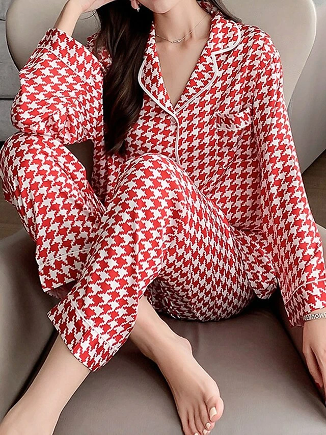 Women's Loungewear Sets Grid / Plaid Fashion Comfort Soft Home Daily Bed Ice Silk Breathable Lapel Long Sleeve Shirt Pant Button Pocket Fall Winter Black Pink 12 Women's Loungewear Sets Grid / Plaid Fashion Comfort Soft Home Daily Bed Ice Silk Breathable Lapel Long Sleeve Shirt Pant Button Pocket Fall Winter Black Pink - Image 12