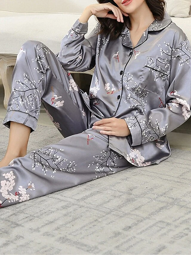 Women's Pajamas Sets Flower Fashion Comfort Soft Home Daily Bed Satin Breathable Lapel Long Sleeve Shirt Pant Button Pocket Fall Winter Black Gray 2 Women's Pajamas Sets Flower Fashion Comfort Soft Home Daily Bed Satin Breathable Lapel Long Sleeve Shirt Pant Button Pocket Fall Winter Black Gray - Image 2