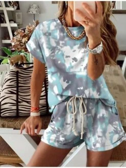 Women's Loungewear Sets Tie Dye Sport Casual Comfort Home Street Daily Cotton Breathable Crew Neck Short Sleeve T Shirt Tee Shorts Pocket Summer Spring White Yellow -Deals The Sexy Bra Store ykwanp1620700495086