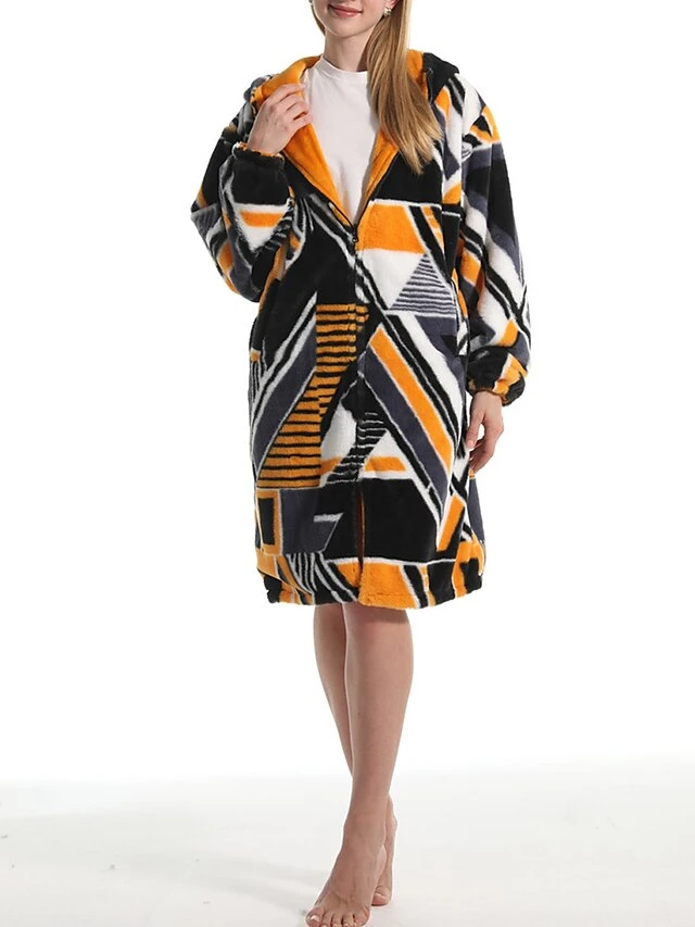 Women's Robe Geometic Plush Casual Comfort Home Daily Bed Flannel Warm Breathable Hoodie Long Sleeve Pocket Fall Winter Orange 4 Women's Robe Geometic Plush Casual Comfort Home Daily Bed Flannel Warm Breathable Hoodie Long Sleeve Pocket Fall Winter Orange - Image 4