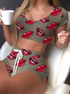 Women's Sexy Lingerie Sets Lip Lovers Hot Comfort Home Daily Bed Polyester Breathable Crew Neck Short Sleeve Crop Top Shorts Summer Spring Black White -Deals The Sexy Bra Store ylblyp1680599072208