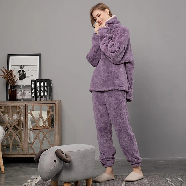Women's Flannel Warm Pajamas Sets Nighty Pure Color Plush Fashion Comfort Home Christmas Vacation V Wire Long Sleeve Sweater Pant Elastic Waist Fall Winter Gray Purple / Lace Up 13 Women's Flannel Warm Pajamas Sets Nighty Pure Color Plush Fashion Comfort Home Christmas Vacation V Wire Long Sleeve Sweater Pant Elastic Waist Fall Winter Gray Purple / Lace Up - Image 13