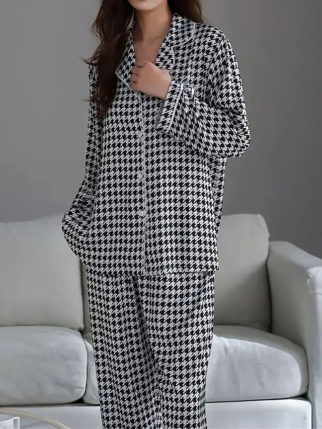 Women's Loungewear Sets Grid / Plaid Fashion Comfort Soft Home Daily Bed Ice Silk Breathable Lapel Long Sleeve Shirt Pant Button Pocket Fall Winter Black Pink 5 Women's Loungewear Sets Grid / Plaid Fashion Comfort Soft Home Daily Bed Ice Silk Breathable Lapel Long Sleeve Shirt Pant Button Pocket Fall Winter Black Pink - Image 5