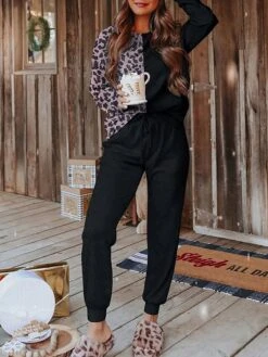 Women's Christmas Loungewear Sets 2 Pieces Leopard Fashion Casual Comfort Street Xmas Daily Date Polyester Warm Crew Neck Long Sleeve Pant Fall Winter Black -Deals The Sexy Bra Store ymlamo1691046340297