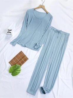 Women's Pajamas Sets Pure Color Casual Comfort Soft Home Daily Vacation Modal Crew Neck Long Sleeve T Shirt Tee Pocket Fall Winter Light Pink Matcha Green -Deals The Sexy Bra Store yngnyo1693467433096