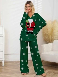 Women's Christmas Pajamas Sets Santa Claus Snowflake Warm Comfort Soft Home Christmas Daily Polyester Gift V Wire Long Sleeve Pant Fall Winter Wine Green -Deals The Sexy Bra Store ynhrfd1697701129192