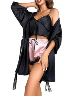 Women's Pajamas Sets 3 Pieces Pure Color Simple Casual Soft Home Daily Bed Polyester Breathable V Wire Long Sleeve Elastic Waist Spring Summer Black -Deals The Sexy Bra Store ynllbh1676281774756