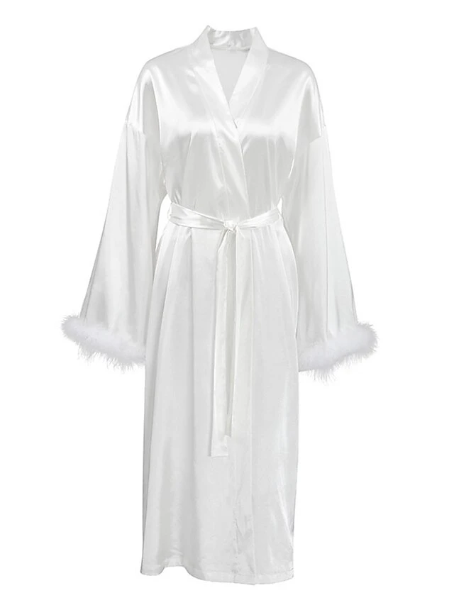 Women's Pajamas Bathrobe Robes Gown Pure Color Simple Casual Comfort Wedding Party Satin Breathable V Wire Long Sleeve Feather Fall Winter White 13 Women's Pajamas Bathrobe Robes Gown Pure Color Simple Casual Comfort Wedding Party Satin Breathable V Wire Long Sleeve Feather Fall Winter White - Image 13