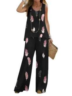 Women's Loungewear Sets Gradient Feather Print Fashion Casual Street Date Airport Polyester Breathable Crew Neck Sleeveless Top And Wide Leg Pants Summer Spring Black White -Deals The Sexy Bra Store yovbzz1679973752559