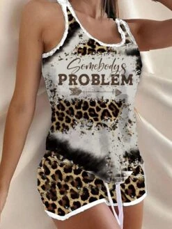 Women's Leopard Pajamas Loungewear Sets Heart Fashion Casual Home Halloween Street Polyester Sleeveless Tank Top Shorts Elastic Waist Fall Winter Stripe Leopard Print