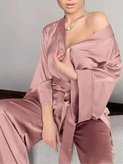 Women's Loungewear Sets 2 Pieces Pure Color Fashion Casual Comfort Street Xmas Daily Date Satin Breathable Plunging Neck Long Sleeve Pant Summer Fall Black Pink -Deals The Sexy Bra Store ypibif1689581305498