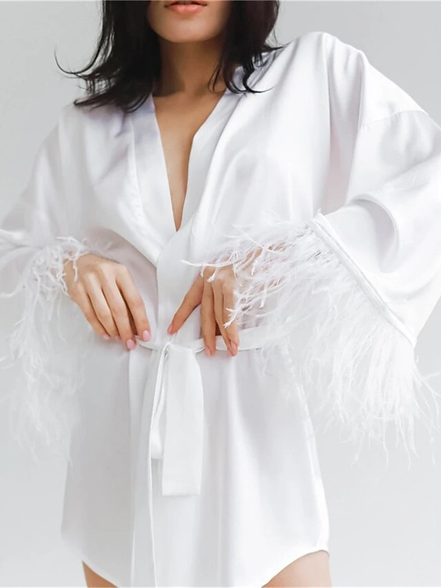 Women's Pajamas Bathrobe Robes Gown Pure Color Simple Casual Comfort Wedding Party Satin Breathable V Wire Long Sleeve Feather Fall Winter Black White 5 Women's Pajamas Bathrobe Robes Gown Pure Color Simple Casual Comfort Wedding Party Satin Breathable V Wire Long Sleeve Feather Fall Winter Black White - Image 5