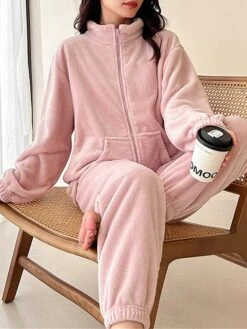 Women's Fleece Pajamas Sets Pure Color Warm Fashion Plush Home Daily Bed Flannel Warm Breathable Stand Collar Long Sleeve Cardigan Pant Pocket Fall Winter Zipper Pink Zipper Beige -Deals The Sexy Bra Store yqcaqr1694164397031
