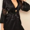 Women's Lace Satin Silk Bathrobe Robes Nightgown Pure Color Fashion Casual Comfort Home Daily Bed Satin Breathable V Wire Summer Fall Black
